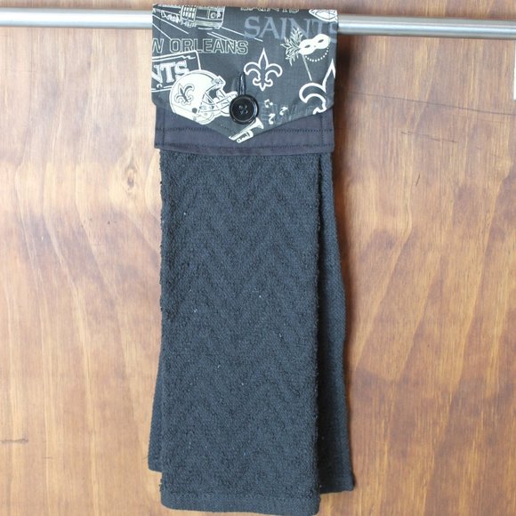 NEW ORLEANS SAINTS BLACK HANDMADE HANGING HAND TOWEL BLACK COTTON HAND TOWEL - Picture 4 of 4